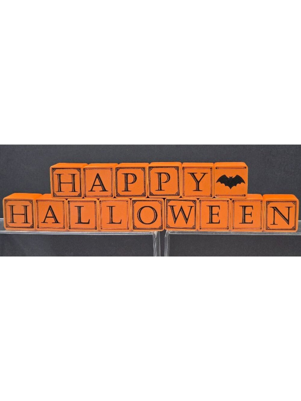 Halloween Wood Block Set Happy Halloween Bat Orange Black Decor 15 Pc